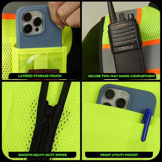 Shmimy Custom Logo High Visibility Reflective Safety Vest Class 2 - Unisex Adult Workwear with Zipper & 9 Pockets for Construction & Security