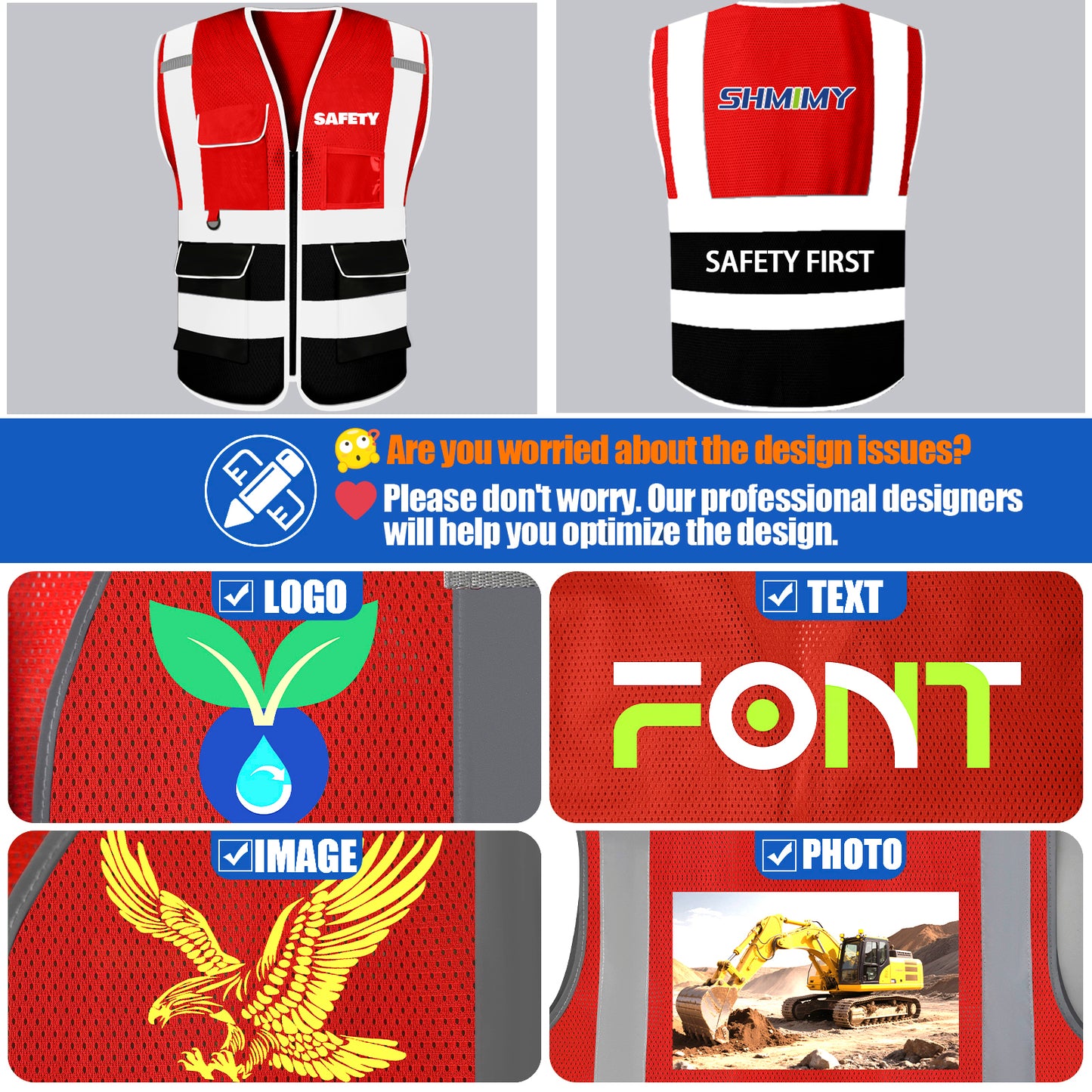 Shmimy 6 Pockets Custom Safety Vest Customized Logo Class 2 High Visibility Reflective Vest