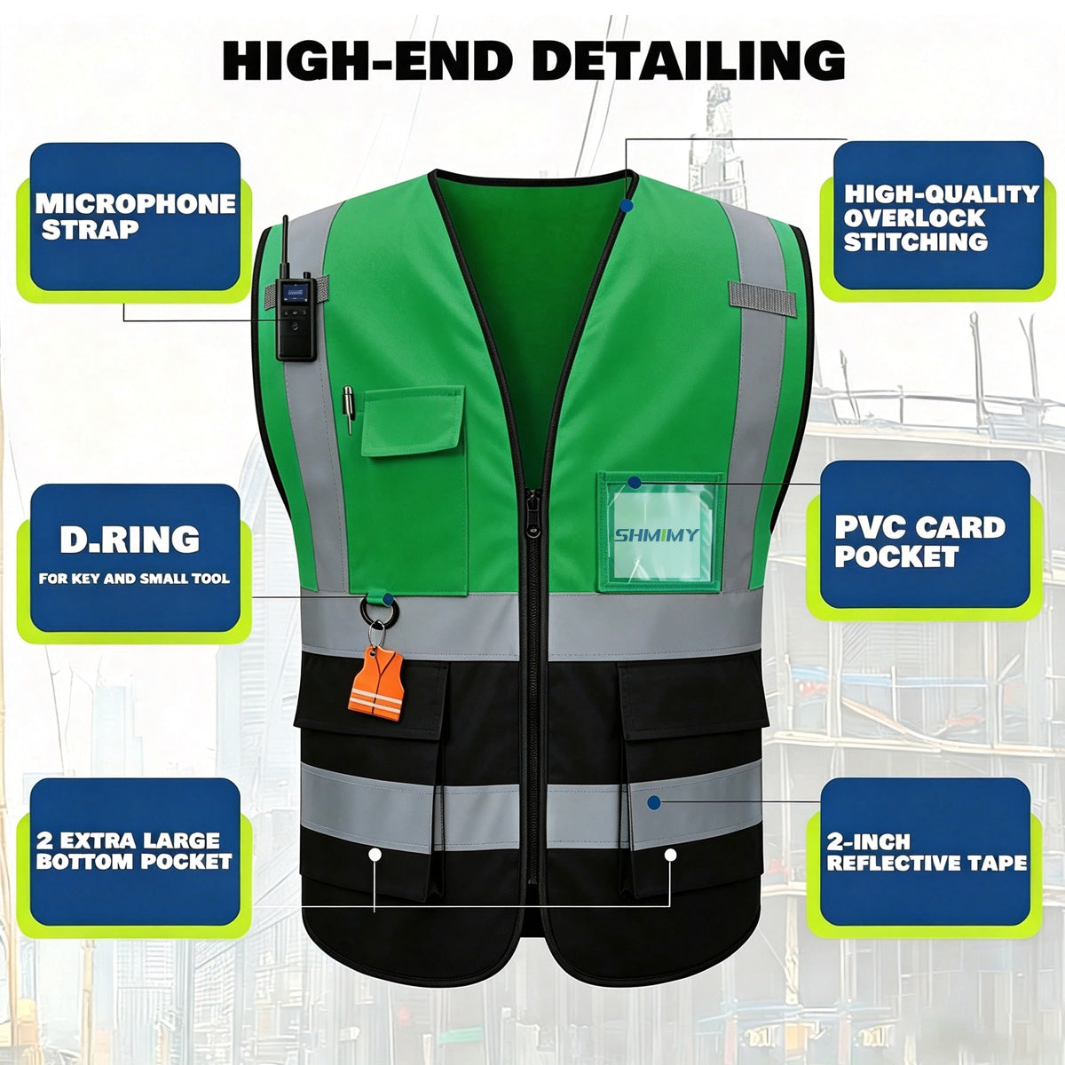 Custom Logo High Visibility Reflective Safety Vest Class 2 - Unisex Adult Workwear with Zipper & 9 Pockets for Construction & Security