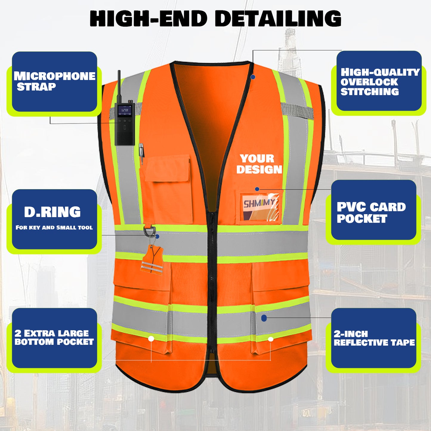 Shmimy Custom Safety Vest with 5 Pockets Class 2 Adult Unisex Construction Security Workwear