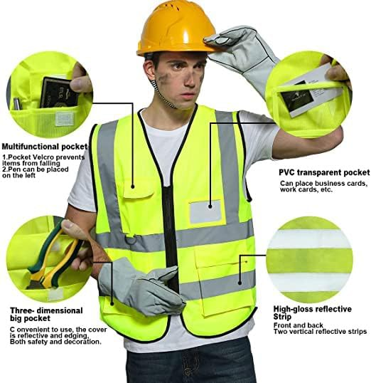 Shmimy Custom Logo Reflective Vest, Class 2 Safety Vests with 5 Pockets Zipper High Visibility