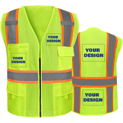 Shmimy Custom Safety Vest Customized Logo Class 2 High Visibility Reflective Vest with 8 Pockets Construction workwear