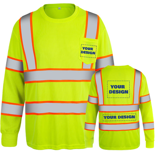Shmimy Custom Logo High Visibility Safety Shirts, ANSI Class 3 Reflective Work Shirts Long Sleeve Crewneck T-Shirt