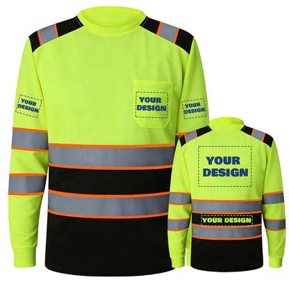 Shmimy Custom Logo High Visibility Safety Shirts, ANSI Class 3 Reflective Work Shirts Long Sleeve Crewneck T-Shirt