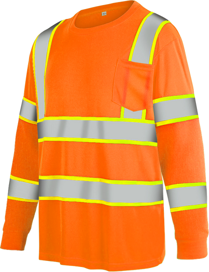 Shmimy Custom Logo High Visibility Safety Shirts, ANSI Class 3 Reflective Work Shirts Long Sleeve Crewneck T-Shirt