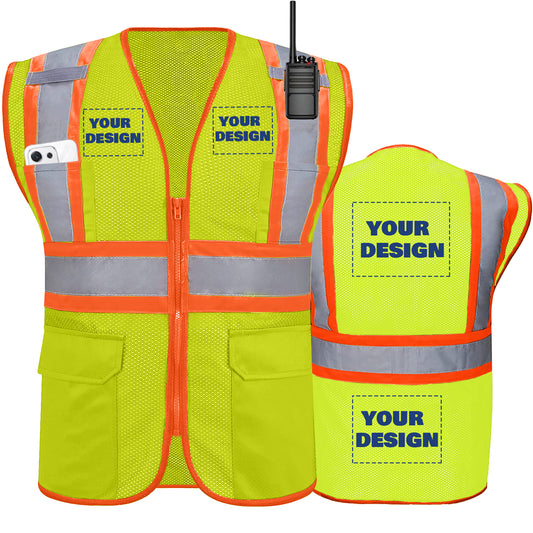 Shmimy Custom High Visibility Safety Vest, Class 2 Reflective Work Vest With Pockets, Custom Logo Construction Workwear