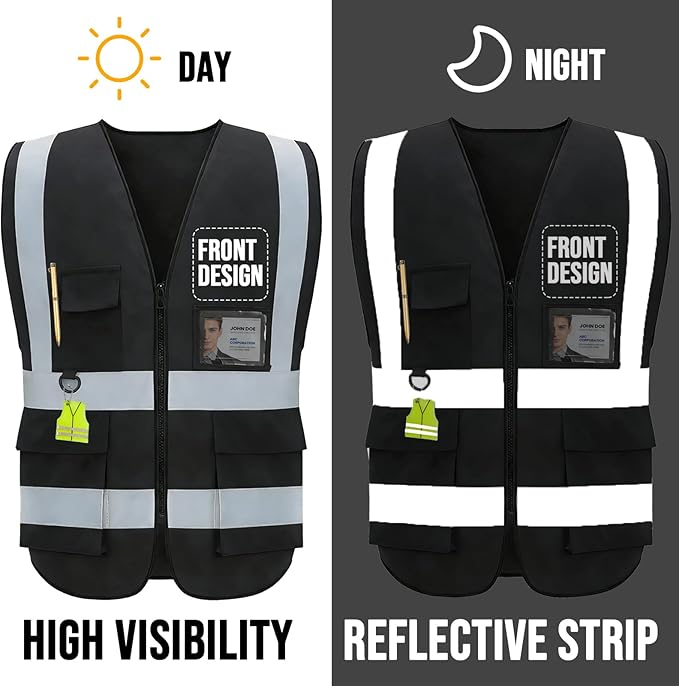 Shmimy Custom Logo Reflective Vest, Class 2 Safety Vests with 5 Pockets Zipper High Visibility