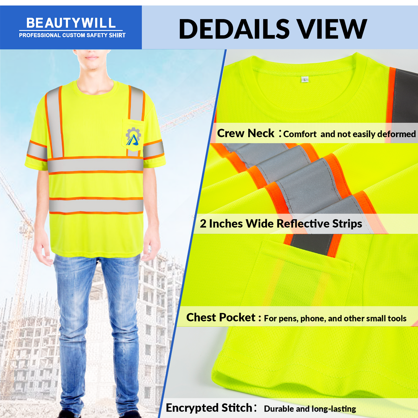 Shmimy Custom Logo High Visibility Safety Shirts, ANSI Class 3 Reflective Work Shirts Long Sleeve Crewneck T-Shirt