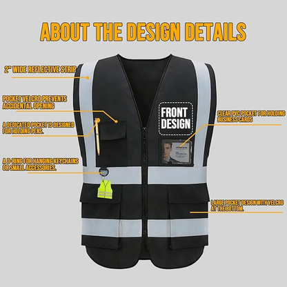 Shmimy Custom Logo Reflective Vest, Class 2 Safety Vests with 5 Pockets Zipper High Visibility