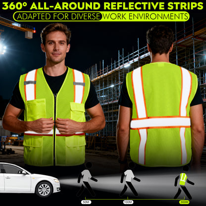 Shmimy Custom Safety Vest Customized Logo Class 2 High Visibility Reflective Vest with 8 Pockets Construction workwear