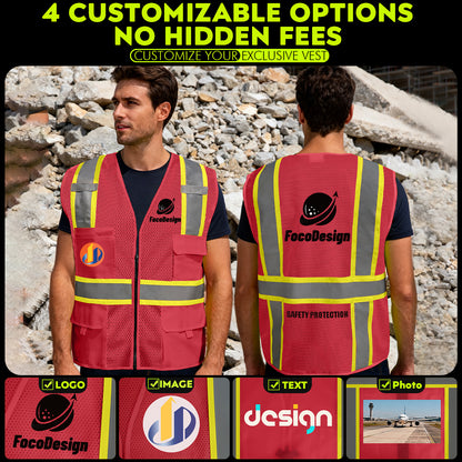 Shmimy Custom Safety Vest Customized Logo Class 2 High Visibility Reflective Vest with 8 Pockets Construction workwear