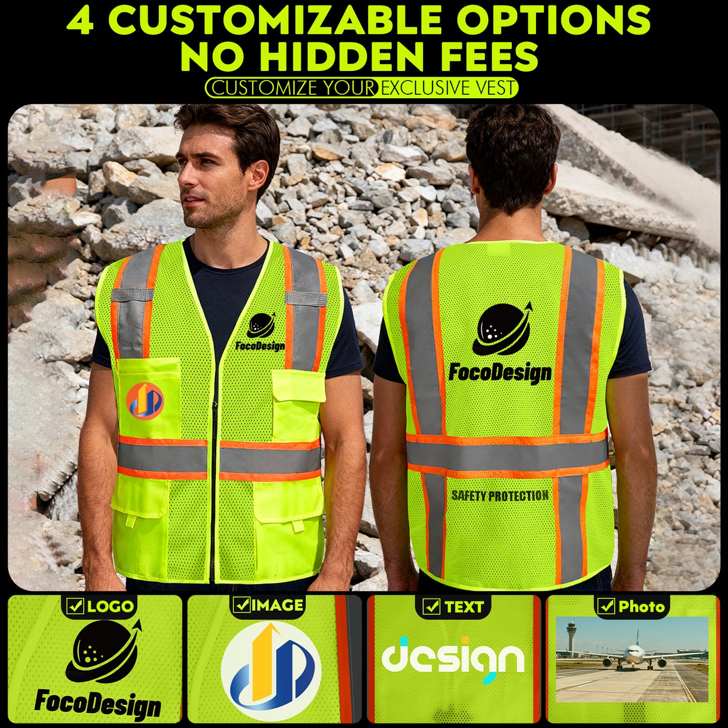 Shmimy Custom Safety Vest Customized Logo Class 2 High Visibility Reflective Vest with 8 Pockets Construction workwear