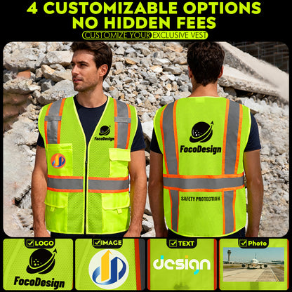 Shmimy Custom Safety Vest Customized Logo Class 2 High Visibility Reflective Vest with 8 Pockets Construction workwear