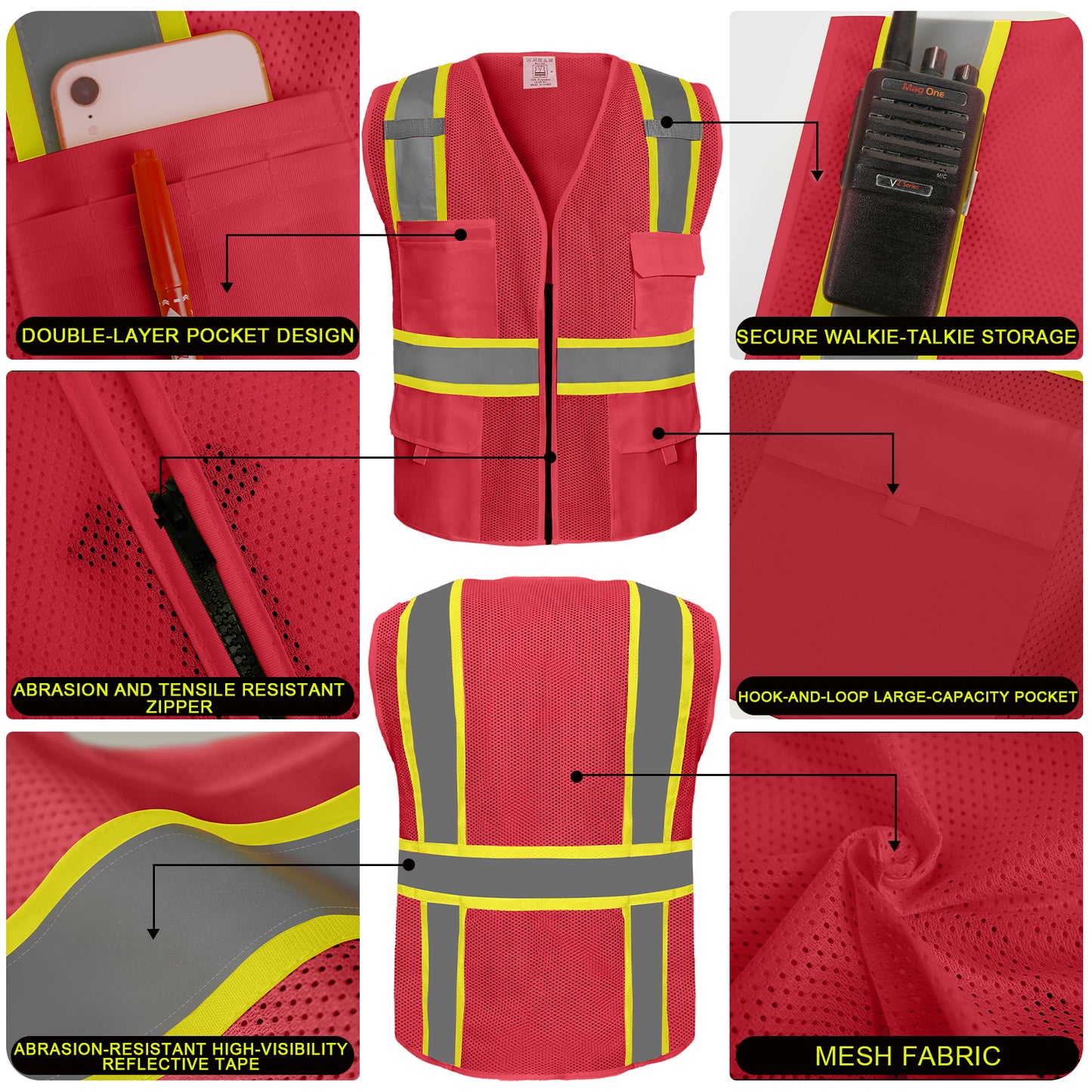 Shmimy Custom Safety Vest Customized Logo Class 2 High Visibility Reflective Vest with 8 Pockets Construction workwear