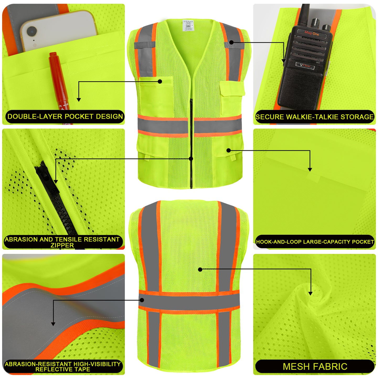 Shmimy Custom Safety Vest Customized Logo Class 2 High Visibility Reflective Vest with 8 Pockets Construction workwear
