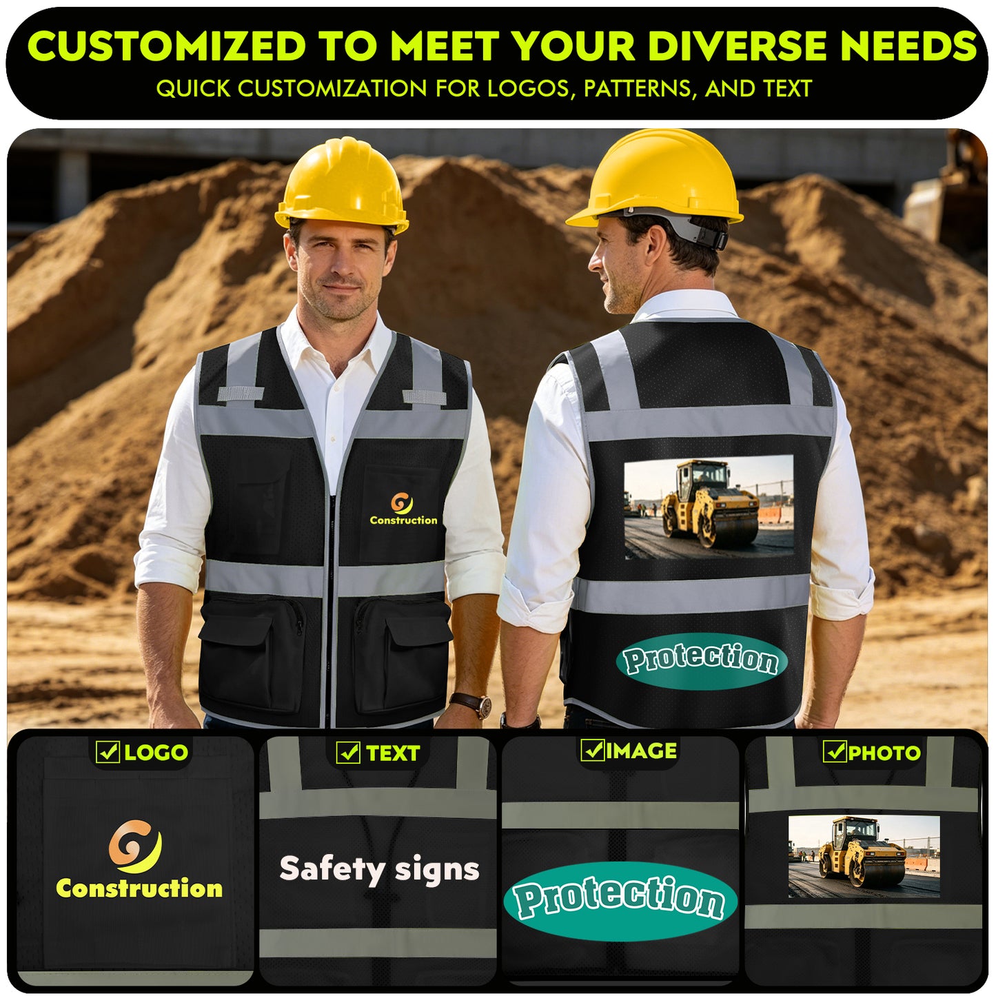 Shmimy Custom Logo Safety Vest 8-Pockets Class 2 High Visibility Reflective Vest for Men - Personalized Logo Team Vest