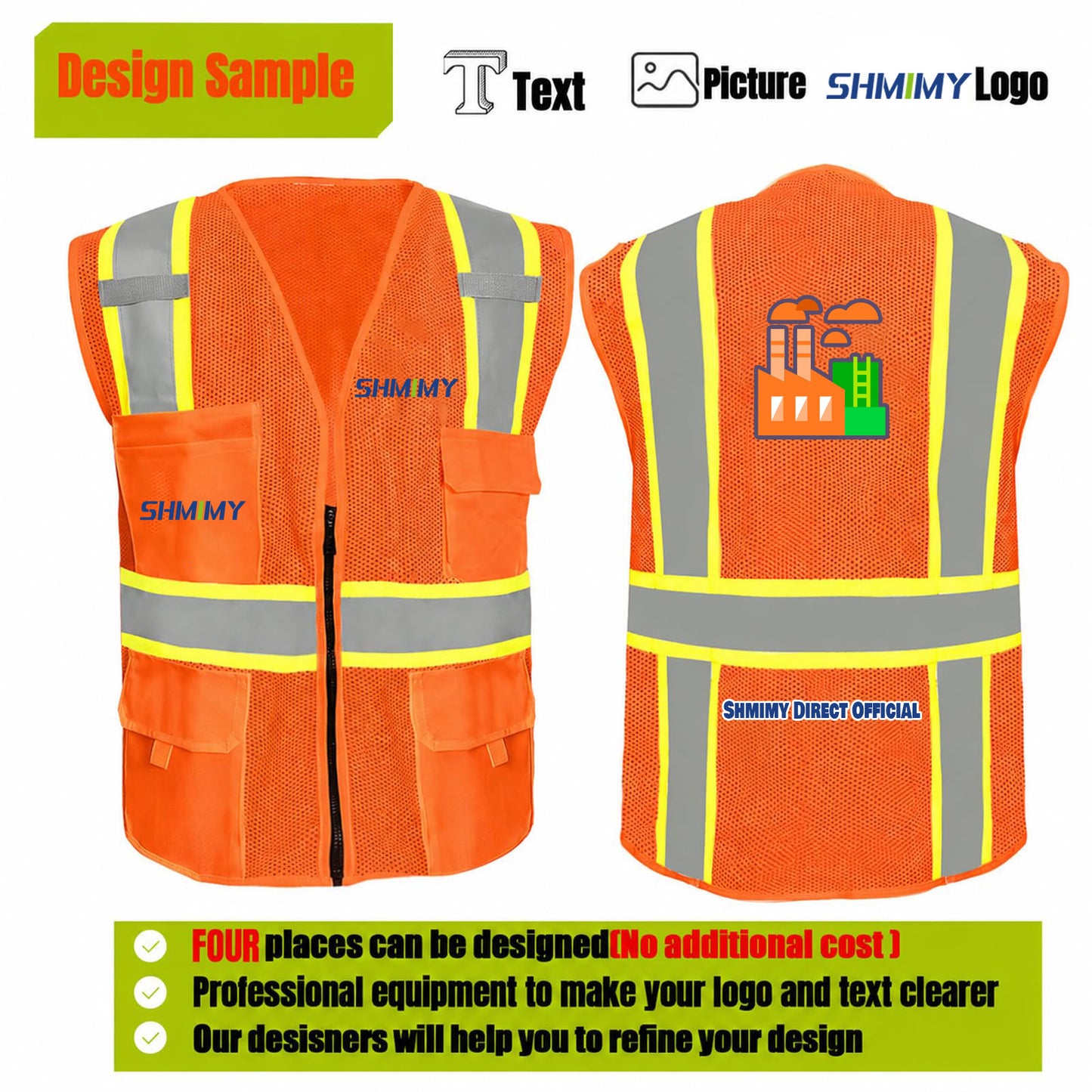 Shmimy Custom Safety Vest Customized Logo Class 2 High Visibility Reflective Vest with 8 Pockets Construction workwear