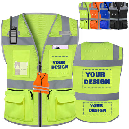 Shmimy Custom Logo Safety Vest 8-Pockets Class 2 High Visibility Reflective Vest for Men - Personalized Logo Team Vest