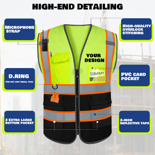 Shmimy Custom High Visibility Reflective Safety Vest with Pockets for construction, Runners, Cyclists, Warehouse Staff & Event Volunteersrk.