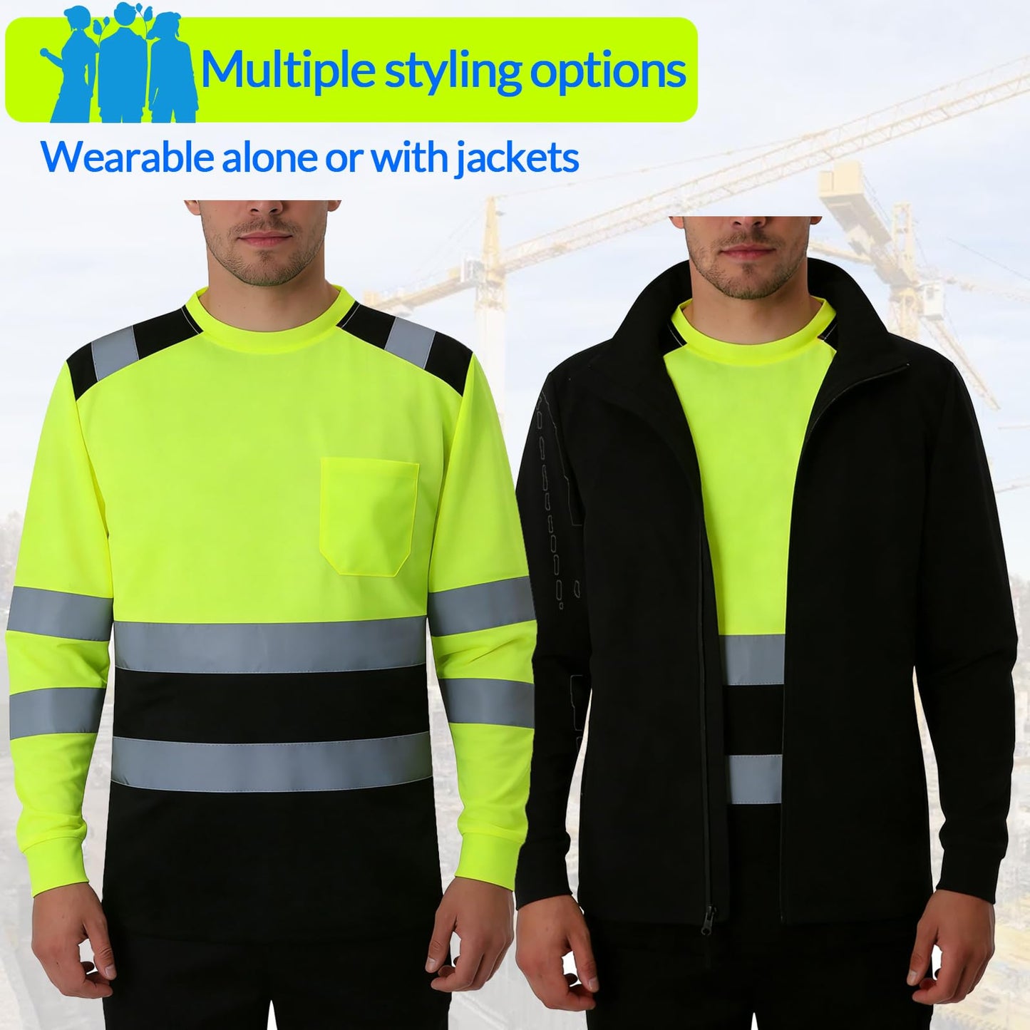 Shmimy Custom Logo High Visibility Safety Shirts, ANSI Class 3 Reflective Work Shirts Long Sleeve Crewneck T-Shirt