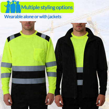 Shmimy Custom Logo High Visibility Safety Shirts, ANSI Class 3 Reflective Work Shirts Long Sleeve Crewneck T-Shirt