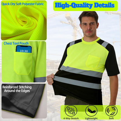 Shmimy Custom Logo High Visibility Safety Shirts, ANSI Class 3 Reflective Work Shirts Crewneck T-Shirt