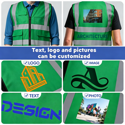 Shmimy Custom Logo Reflective Vest, Class 2 Safety Vests with 5 Pockets Zipper High Visibility