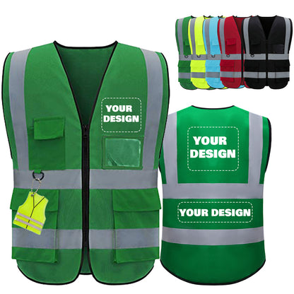 Shmimy Custom Logo Reflective Vest, Class 2 Safety Vests with 5 Pockets Zipper High Visibility