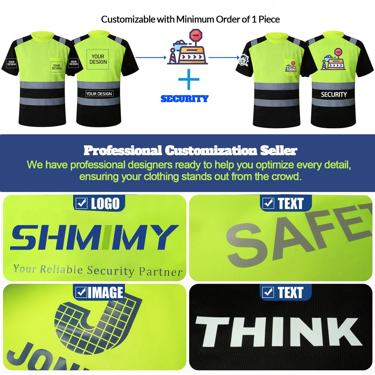Shmimy Custom Logo High Visibility Safety Shirts, ANSI Class 3 Reflective Work Shirts Crewneck T-Shirt