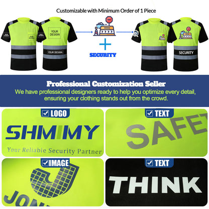 Shmimy Custom Logo High Visibility Safety Shirts, ANSI Class 3 Reflective Work Shirts Crewneck T-Shirt