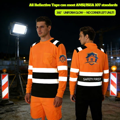 Shmimy Custom Logo High Visibility Safety Shirts, ANSI Class 3 Reflective Work Shirts Long Sleeve Crewneck T-Shirt
