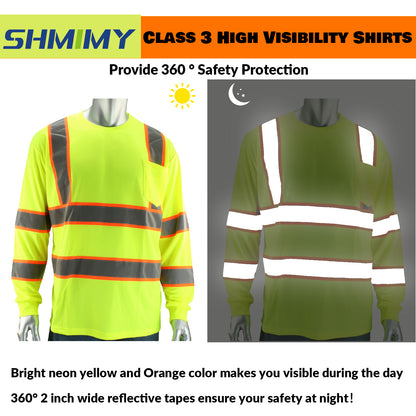 Shmimy Custom Logo High Visibility Safety Shirts, ANSI Class 3 Reflective Work Shirts Long Sleeve Crewneck T-Shirt