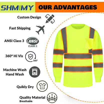 Shmimy Custom Logo High Visibility Safety Shirts, ANSI Class 3 Reflective Work Shirts Long Sleeve Crewneck T-Shirt