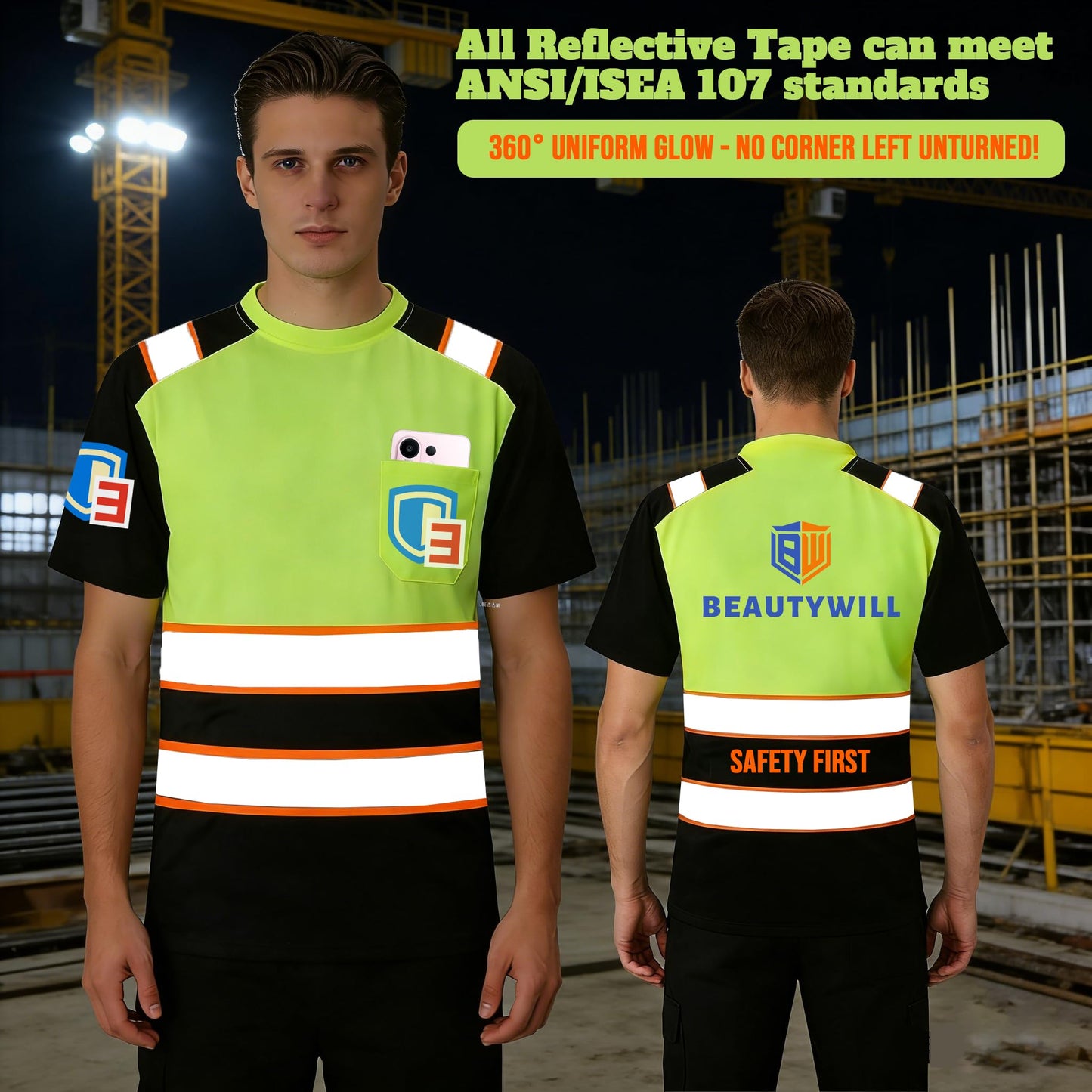 Shmimy Custom Logo High Visibility Shirts Class 3 Reflective Shirts ANSI with Pocket Safety Shirts