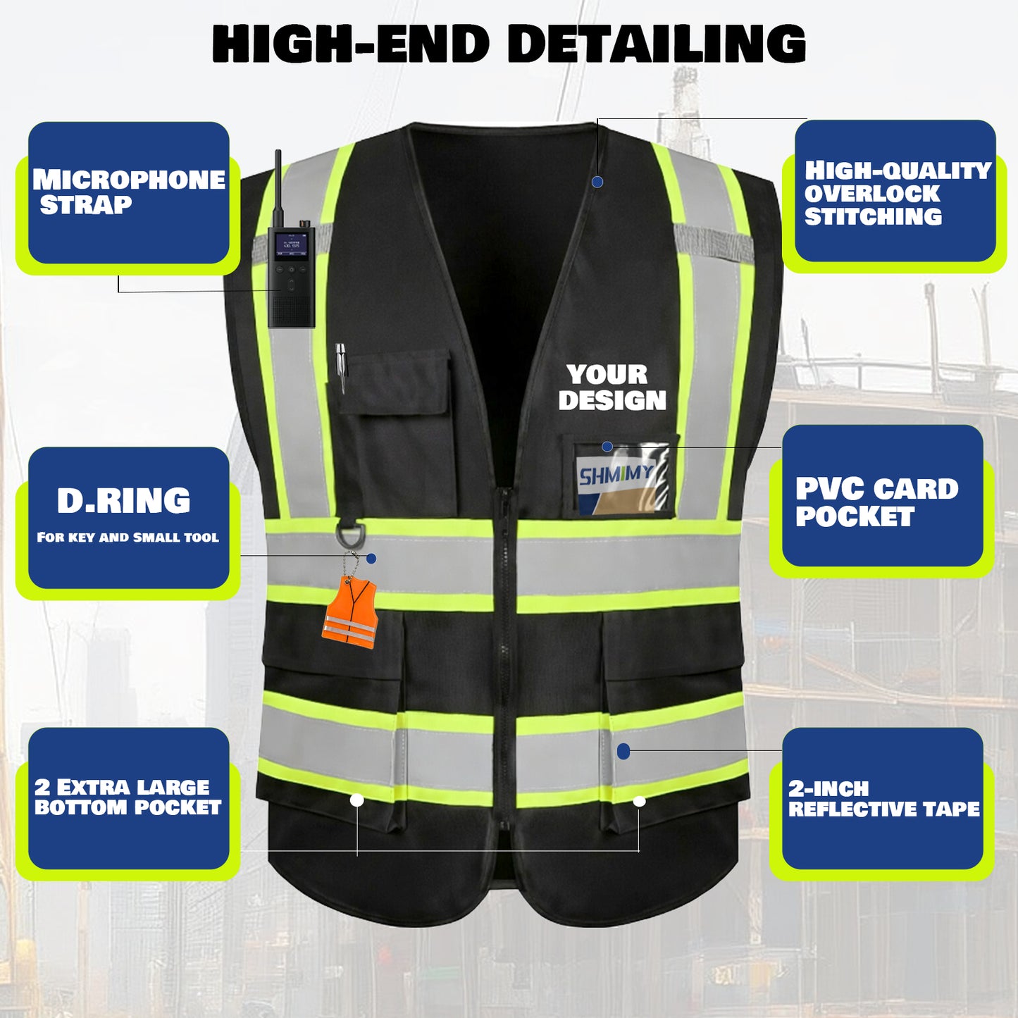 Shmimy Custom Safety Vest with 5 Pockets Class 2 Adult Unisex Construction Security Workwear