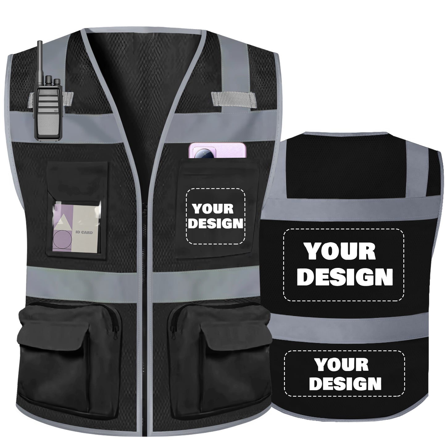 Shmimy Custom Logo Safety Vest 8-Pockets Class2 High Visibility Reflective Vest for Men - Personalized Logo Team Vest