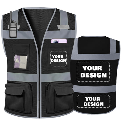 Shmimy Custom Logo Safety Vest 8-Pockets Class2 High Visibility Reflective Vest for Men - Personalized Logo Team Vest