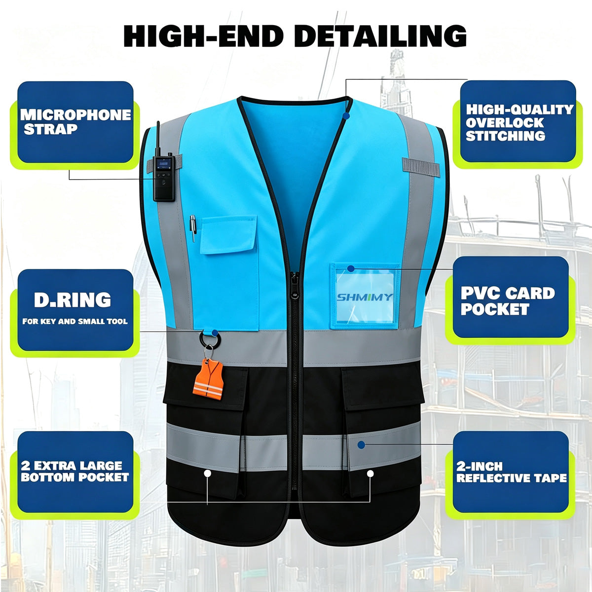 Custom Logo High Visibility Reflective Safety Vest Class 2 - Unisex Adult Workwear with Zipper & 9 Pockets for Construction & Security