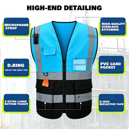 Custom Logo High Visibility Reflective Safety Vest Class 2 - Unisex Adult Workwear with Zipper & 9 Pockets for Construction & Security