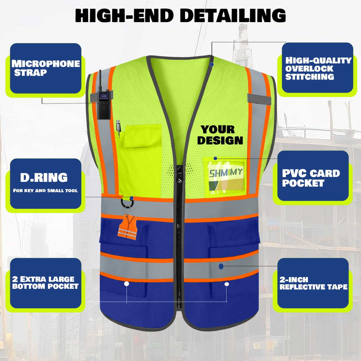 Custom High Visibility Reflective Safety Vest with Pockets | Personalized Logo for Construction, Men & Women