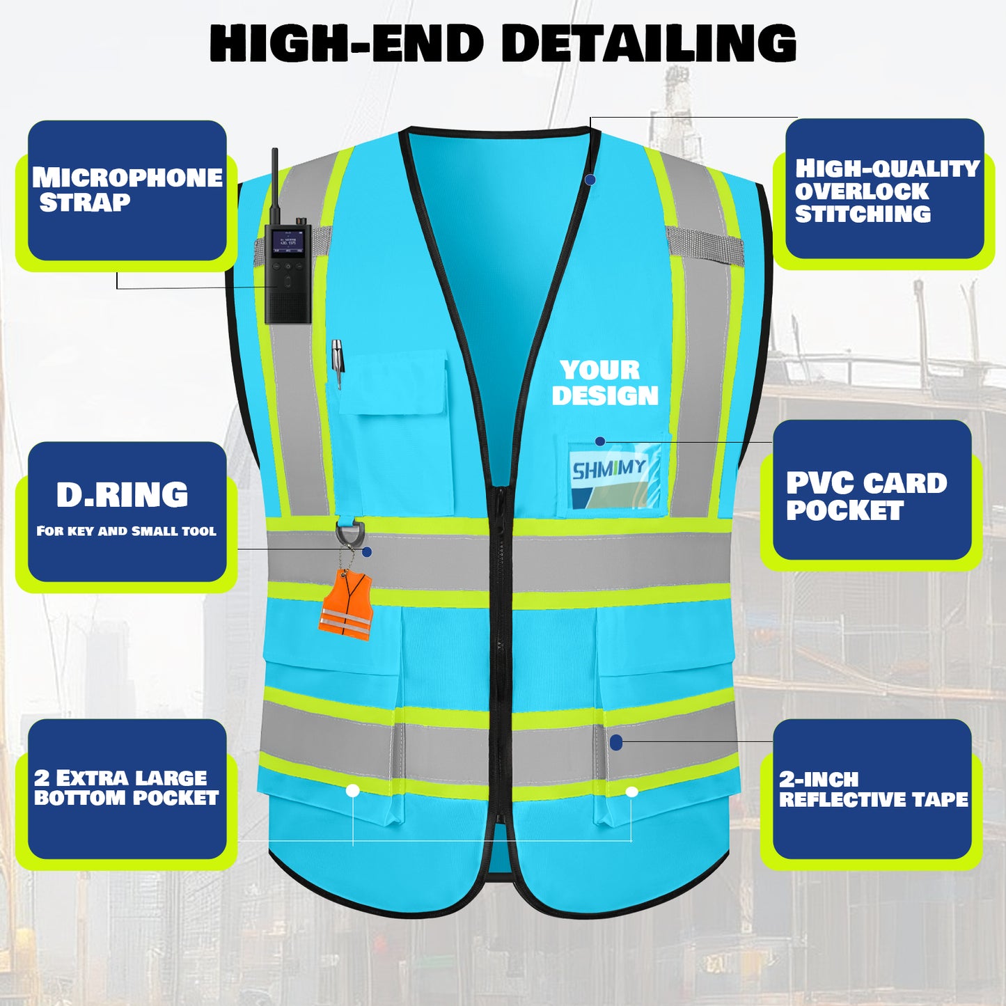 Shmimy Custom Safety Vest with 5 Pockets Class 2 Adult Unisex Construction Security Workwear