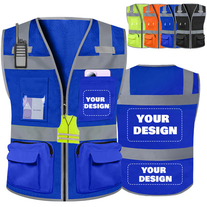 Shmimy Custom Logo Safety Vest 8-Pockets Class 2 High Visibility Reflective Vest for Men - Personalized Logo Team Vest