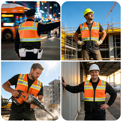 Shmimy Custom Logo High Visibility Reflective Safety Vest Class 2 - Unisex Adult Workwear with Zipper & 9 Pockets for Construction & Security