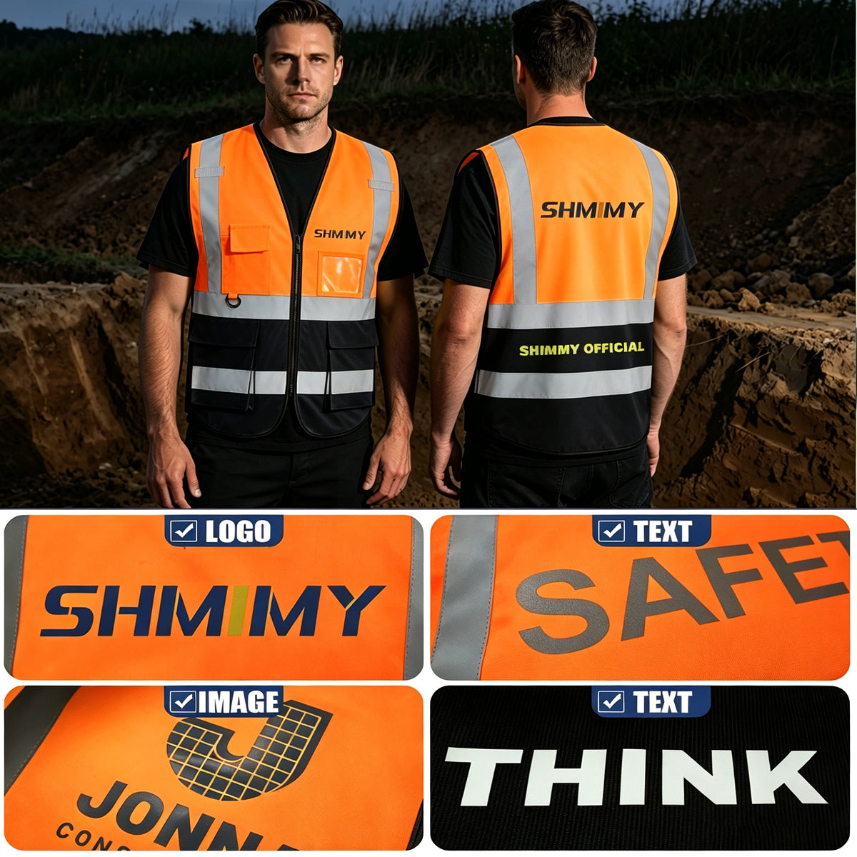 Custom Logo High Visibility Reflective Safety Vest Class 2 - Unisex Adult Workwear with Zipper & 9 Pockets for Construction & Security