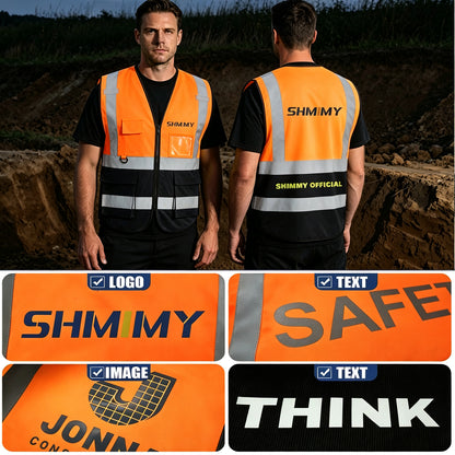Custom Logo High Visibility Reflective Safety Vest Class 2 - Unisex Adult Workwear with Zipper & 9 Pockets for Construction & Security