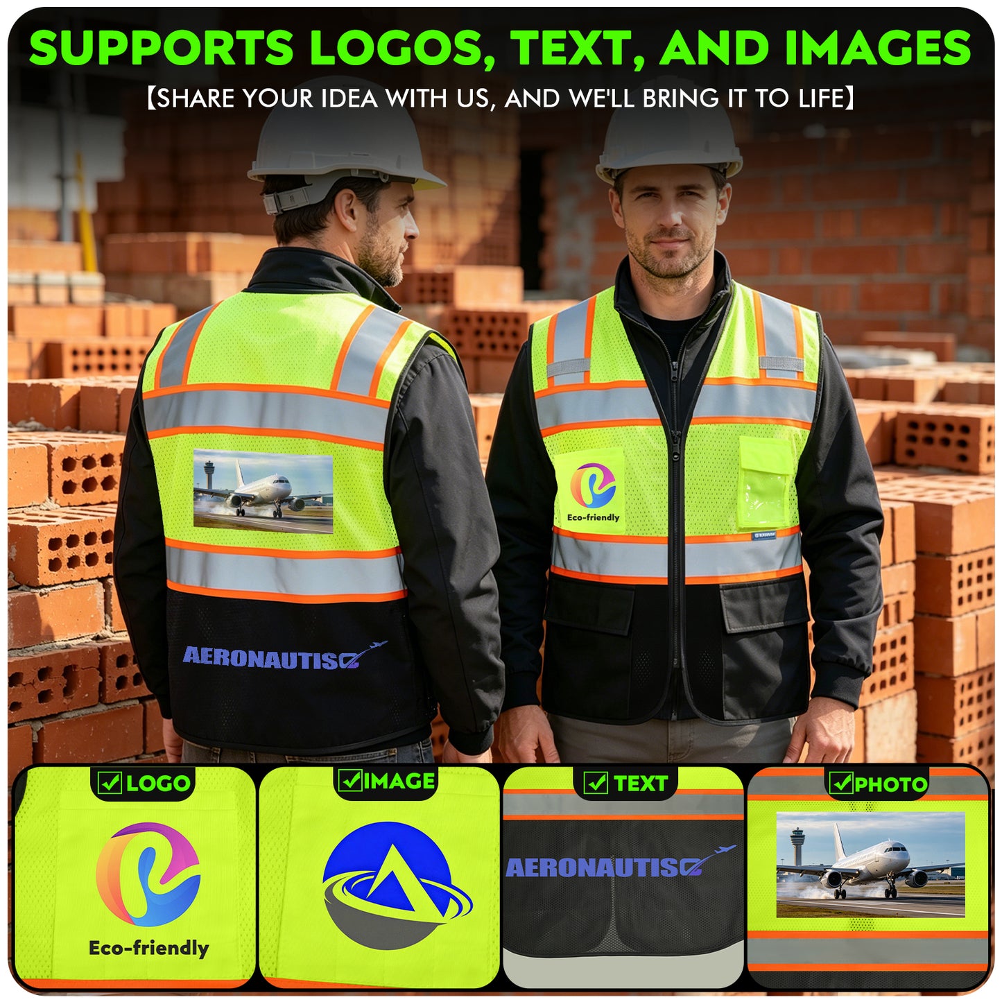 Shmimy Custom Logo High Visibility Reflective Safety Vest Class 2 - Unisex Adult Workwear with Zipper & 9 Pockets for Construction & Security