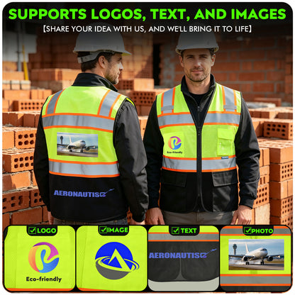 Shmimy Custom Logo High Visibility Reflective Safety Vest Class 2 - Unisex Adult Workwear with Zipper & 9 Pockets for Construction & Security