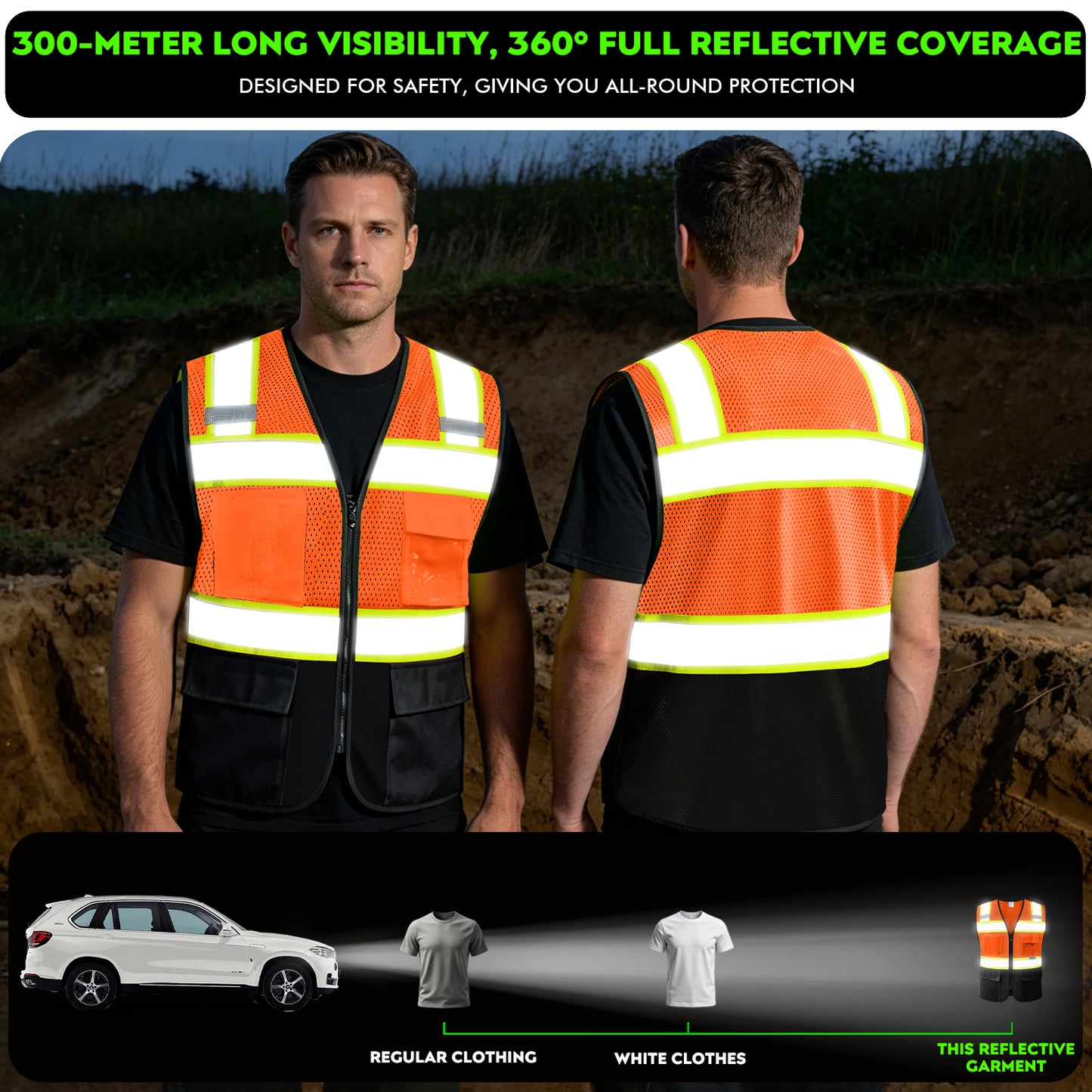 Shmimy Custom Logo High Visibility Reflective Safety Vest Class 2 - Unisex Adult Workwear with Zipper & 9 Pockets for Construction & Security