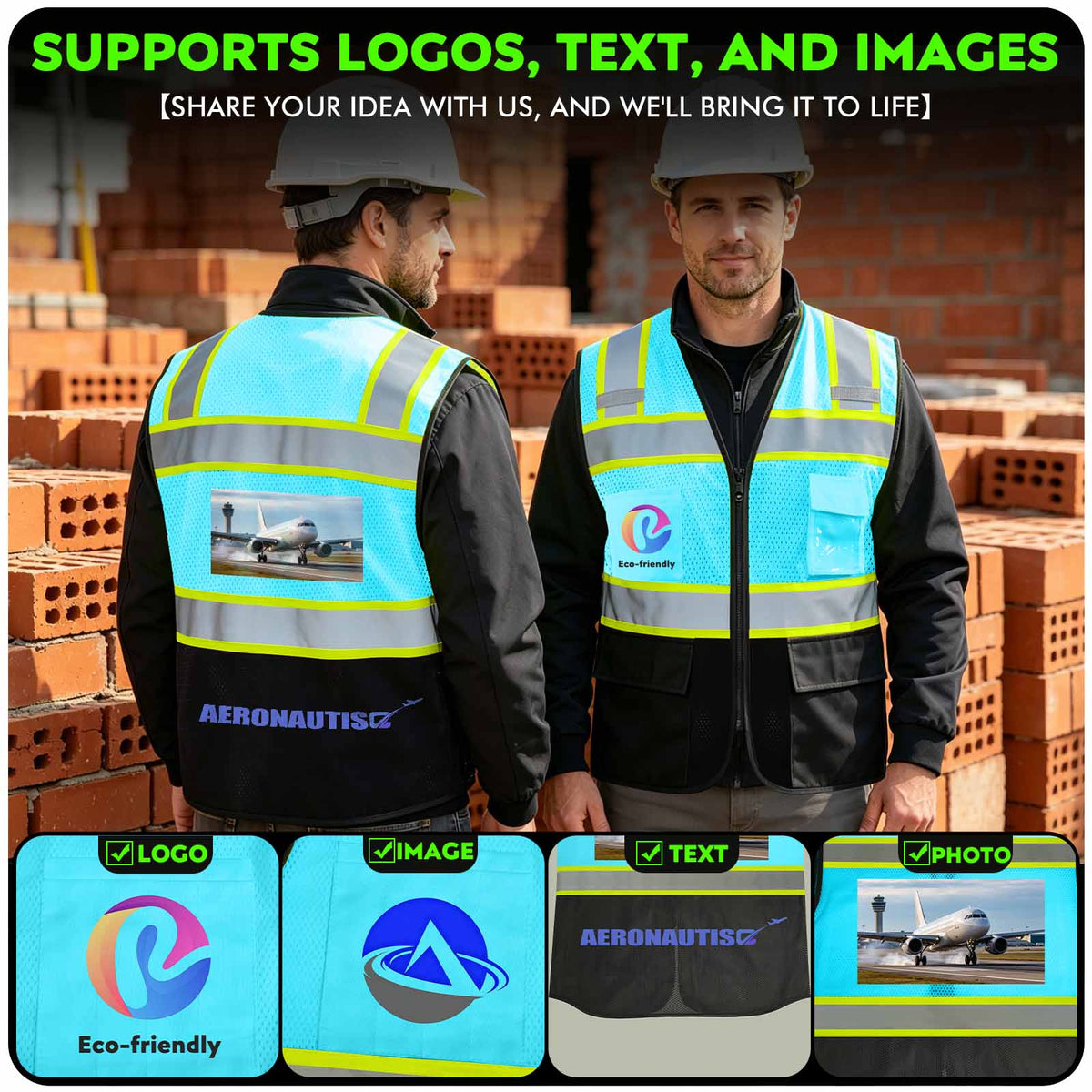 Shmimy Custom Logo High Visibility Reflective Safety Vest Class 2 - Unisex Adult Workwear with Zipper & 9 Pockets for Construction & Security