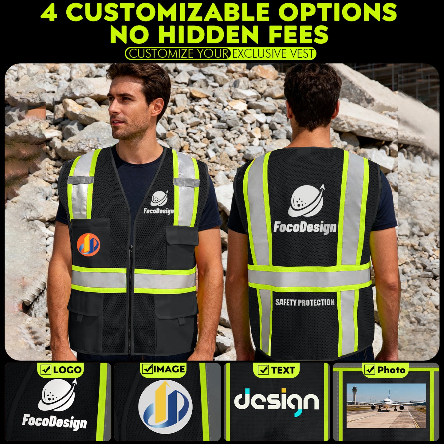 Shmimy Custom Safety Vest Customized Logo Class 2 High Visibility Reflective Vest with 8 Pockets Construction workwear